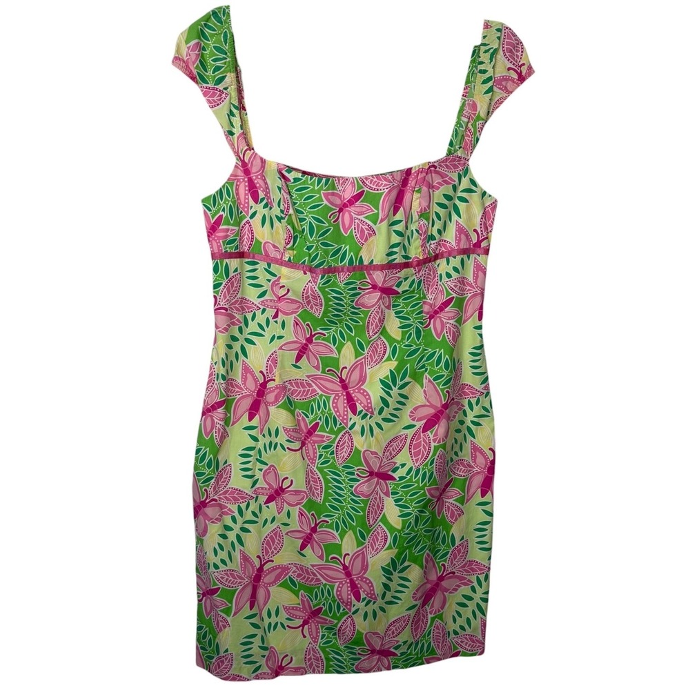 Lilly Pulitzer Butterfly Floral Natasha Dress Green Pink Sz 14 Cotton Cap Sleeve